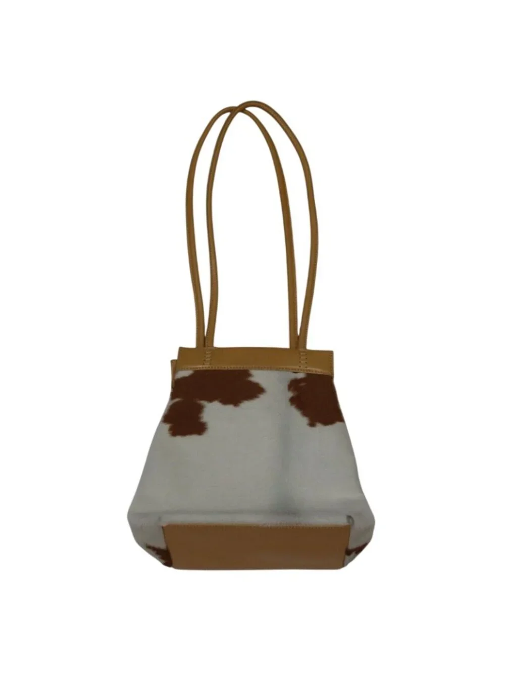 Nine West Tan Leather Brown White Cow Animal Hair Print Satchel Bucket Bag Purse